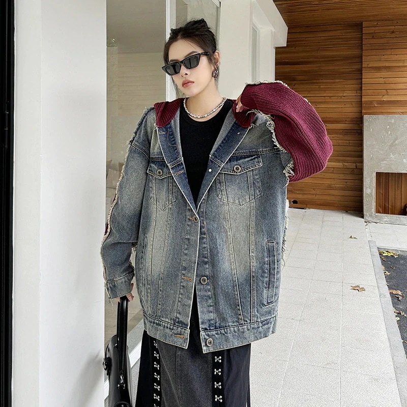 【J.Fashion】 2024秋冬新品 デニムパーカー デニムジャケット ドッキング ロングデニムコート フード付き レディース アウター メガ割30%制限