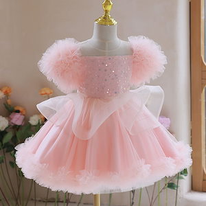 【子用ドレス】ピンクの子の夏の半袖の女の子のプリンセスドレススーパー妖精チュチュスカート誕生フラワーガールメッシュドレスコスム