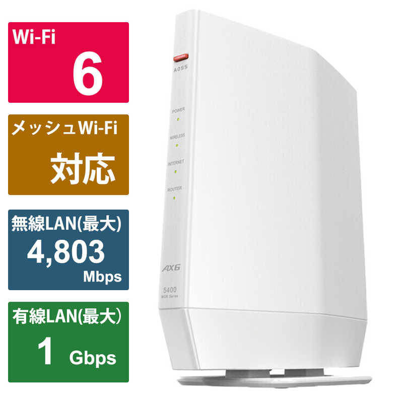 BUFFALO　Wi-Fiルーター 4803+573Mbps AirStation(ネット脅威ブロッカー2対応プレミアムモデル) ホワイト　WSR-5400AX6P-WH