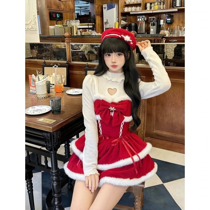 ロリータドレスクリスマス冬ロリータピュアデザイアスタイルホルターリボン生エッジドレスハイネックトップポンチョセット和服コスチュームコスチューム