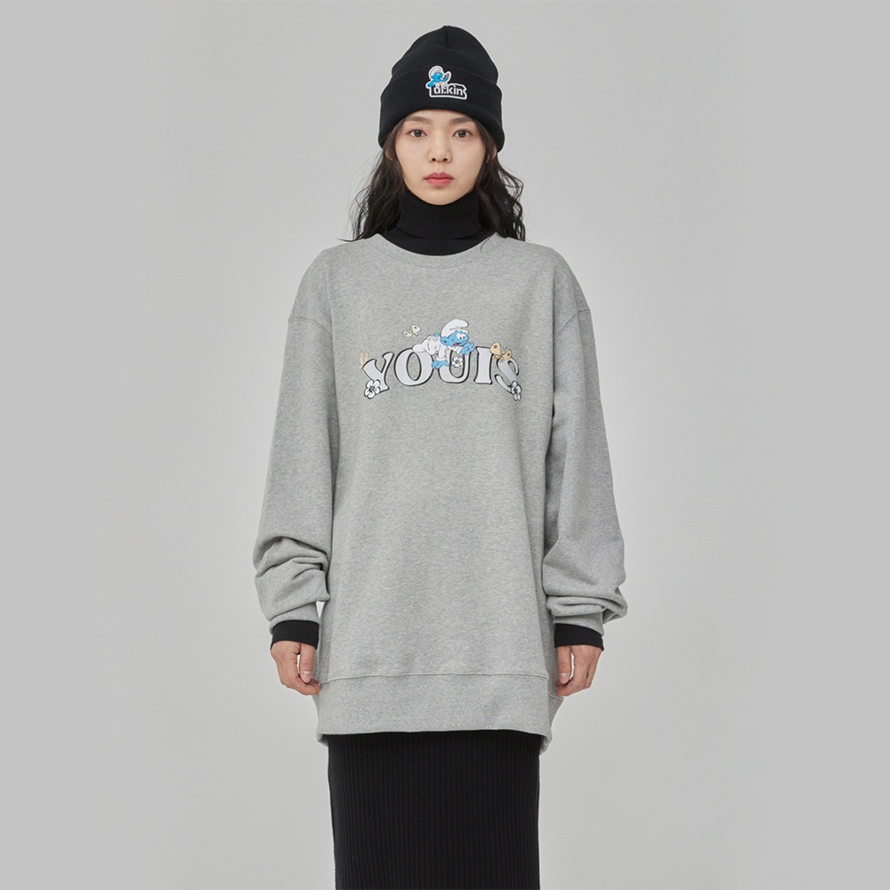 YOUIS with SMURF Print Sweatshirts_Grey
