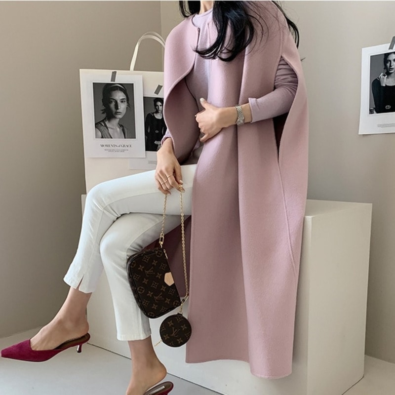 ロングノースリーブケープコート ポンチョ オープン コート ロングコート ジャケット アウター レディース 上品 ママコーデ オフィスコーデ 通勤 ラウンドネック ゆったり カジュアル ２カラー 5,863円