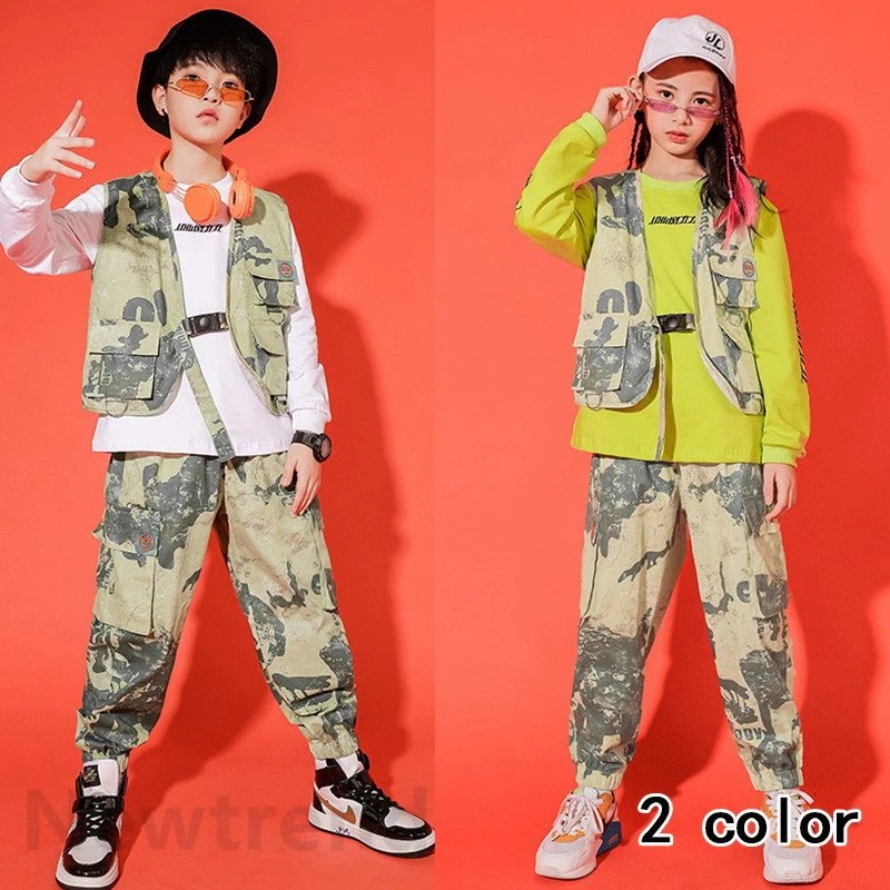 キッズダンス衣装 ヒップホップ HIPHOP セットアップ ベスト チアガール 長袖　パンツ 子供服 女の子 男の子　ステージ衣装 練習着 体操服