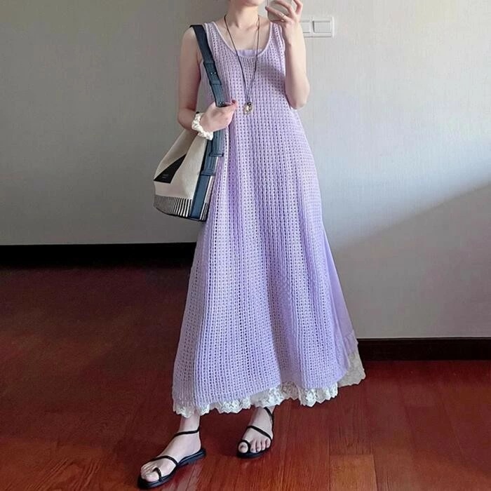 レイヤード 2点セット メッシュ Aライン カジュアル レディース 夏 セットアップ 体型カバー レース キャミワンピース ロング丈 ノースリーブ ワンピース パープル 20代 紫 い エレガント