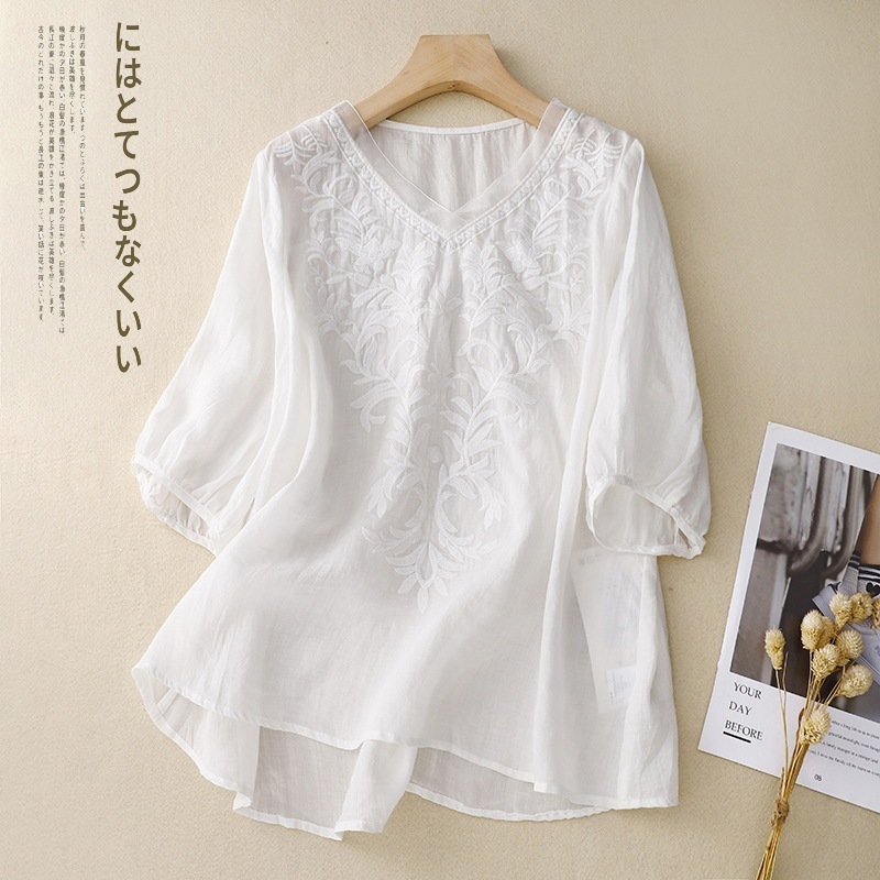 【1つ買うと10つ無料】7カラーヘビー業界の刺繍綿とンス文学レトロシャツvネックショートスリーブシャツ女性