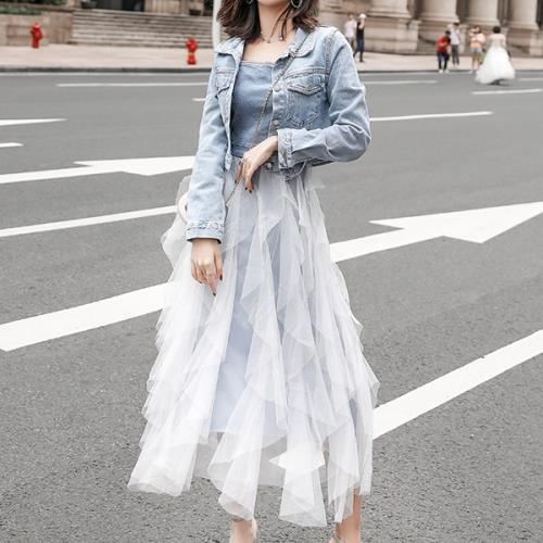 デニム ワンピース ジーンズ Gジャン デニムジャケット ロング 黒 春 夏 韓国 レディース ノースリーブ キャミソール 吊りワンピ セットアップ ツーピース 可愛い 無地 長袖 ミモレ丈 ジャケッ