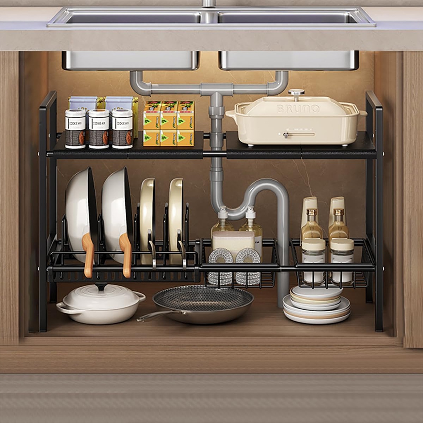 シンク下収納ラック 伸縮式 バスケット 2 個付き 53-88×25×48.5cm ブラック