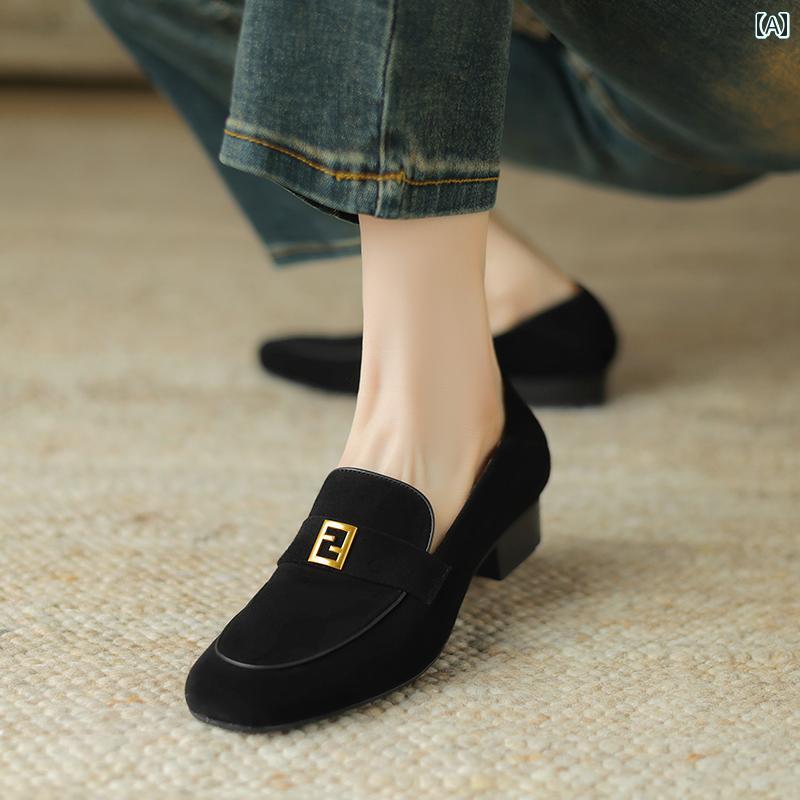 ローファー レディース オフィス 通勤 仕事 春秋 スクエアトゥ 羊 明らか レザー 女性 英国 ミディアム ヒール 厚手 ヒール ソフト ソール 快適 深口 シングル シューズ