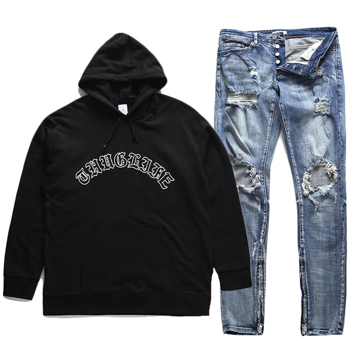 ACE FLAG 上下セット 長袖 ブランド パーカー メンズ 春秋冬用 黒 大きいサイズ エースフラッグ セットアップ フーディ ジーンズ デニム スリム Thug