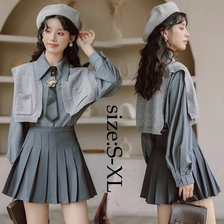 レディース セットアップ 上下セット ブラウス+ベスト+スカート 学院風 ファッション スカートセット オシャレ 長袖ブラウス ニットベスト プリーツスカート 着痩せ 春秋 20代 30代 10代 き