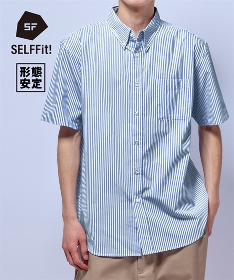 長袖シャツ 形態安定ストライプ柄ボタンダウン半袖シャツ 大きいサイズ有 消臭テープ付