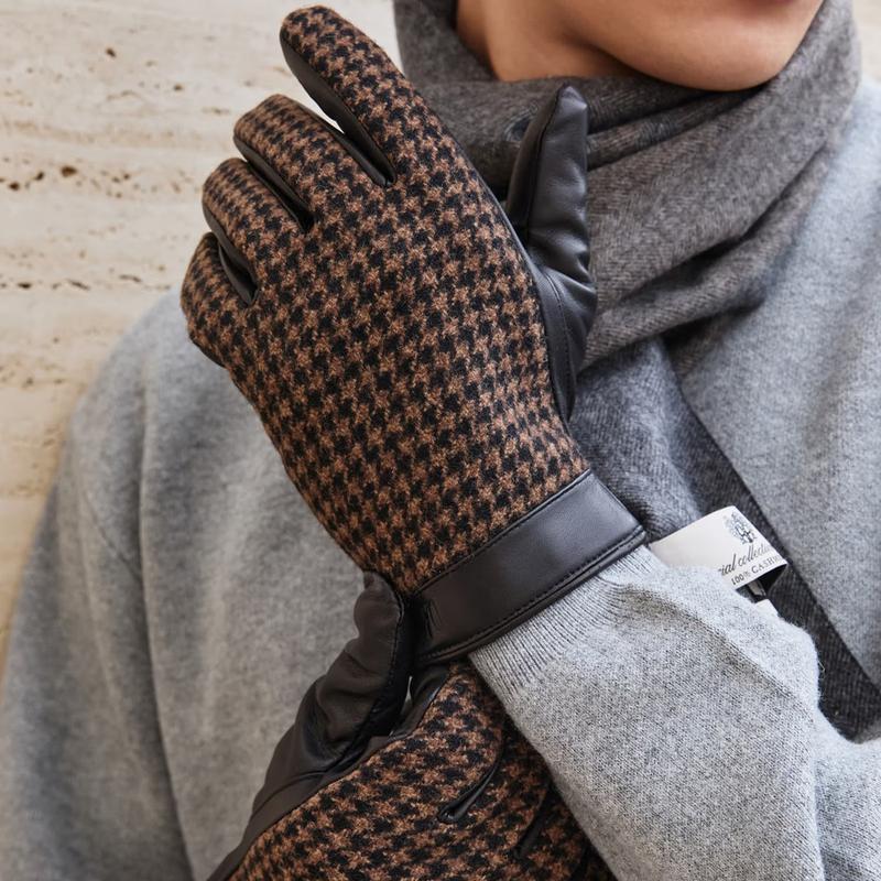 DCGV5F570W3 [男性用手袋] ブラウン ハウンドトゥースチェック レザー手袋