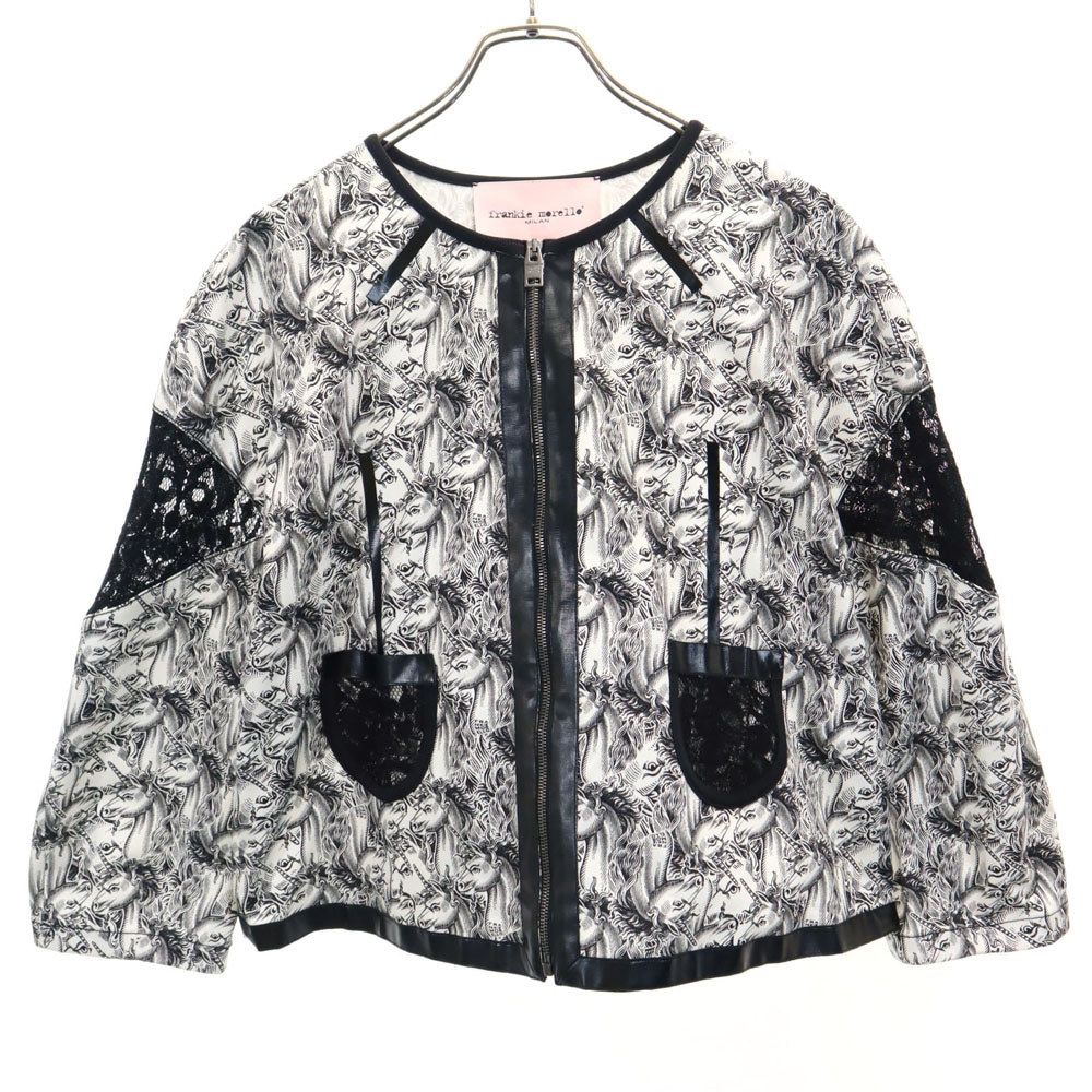 フランキーモレロ ユニコーン柄 ジップジャケット 44 白×黒 frankie morello MILAN レディース