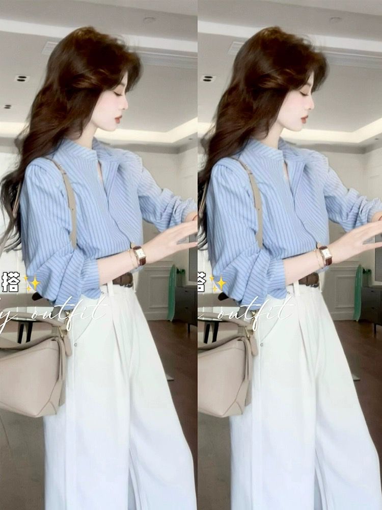 シャツ+広脚のズボン春服洗練された気質の職業の婦人服をコーディネートします青いシャツ塩系の軽く熟した広脚のズボンの2件のスーツ