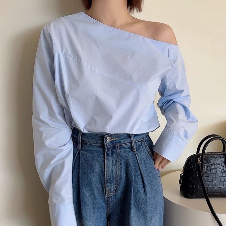 トップス シャツ カットソー プルオーバー 白シャツ 白トップス 袖あり 長袖 ラウンドネック オフショルダー ワンショルダー ワンショル 襟なし 大人可愛い きれいめ シンプル カジュアル 大人