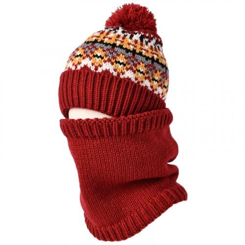 ニット帽 レディース 暖かい ファー ポンポン 冬 フリース 厚手 ウール ネックウォーマー 2点セット 防寒 防風 スキー スノボ カラフル 可愛い 柄 ワインレッド