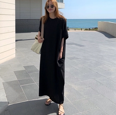 ワンピース ルーズワンピース 5分袖 ポケットあり ワンピドレス マキシ丈 Uネック ルーズ ストレート ワイド スマート 薄手 かわいい 大人可愛い シンプル カジュアル 大人 おしゃれ 大人女子