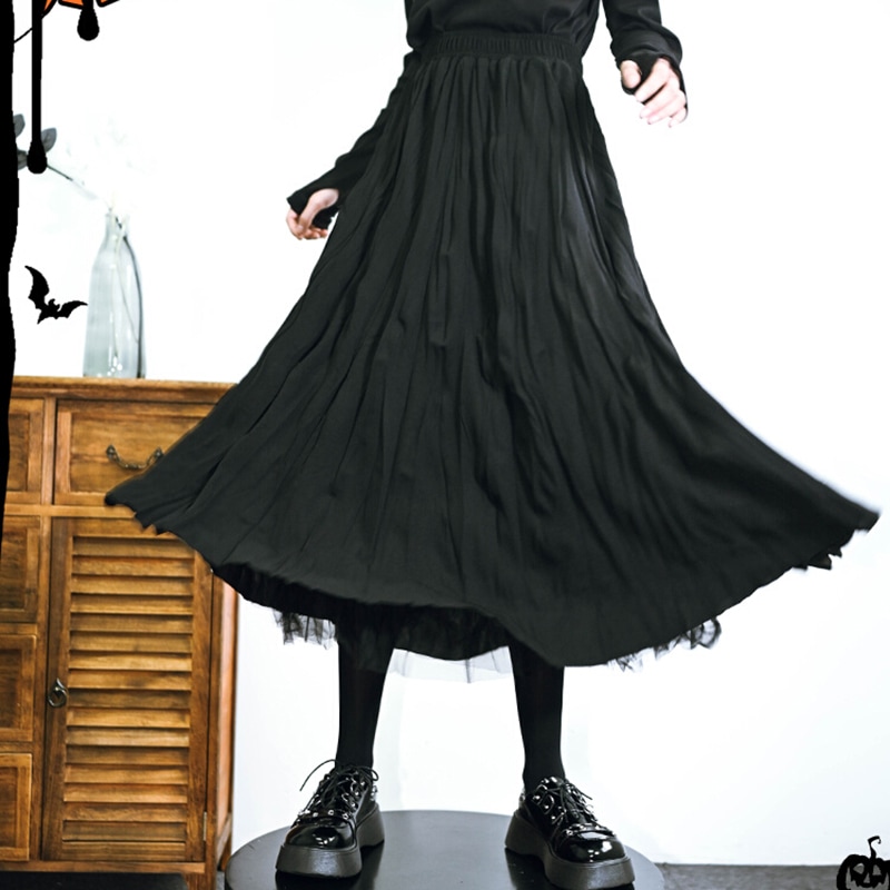 ロングスカート フレア チュールスカート 秋冬 リバーシブル スカート 黒 杏色 両面着用 ハイウエスト