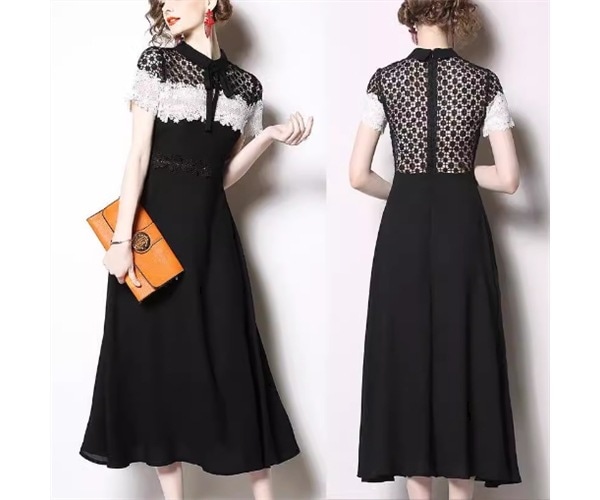 レディース ドレス ミモレ ロング 半袖 フレア スリム 細身 Aライン フェミニン レース シフォン ファスナー 切り替えデザイン ドッキング かわいい 大人可愛い きれいめ カジュアル 上品