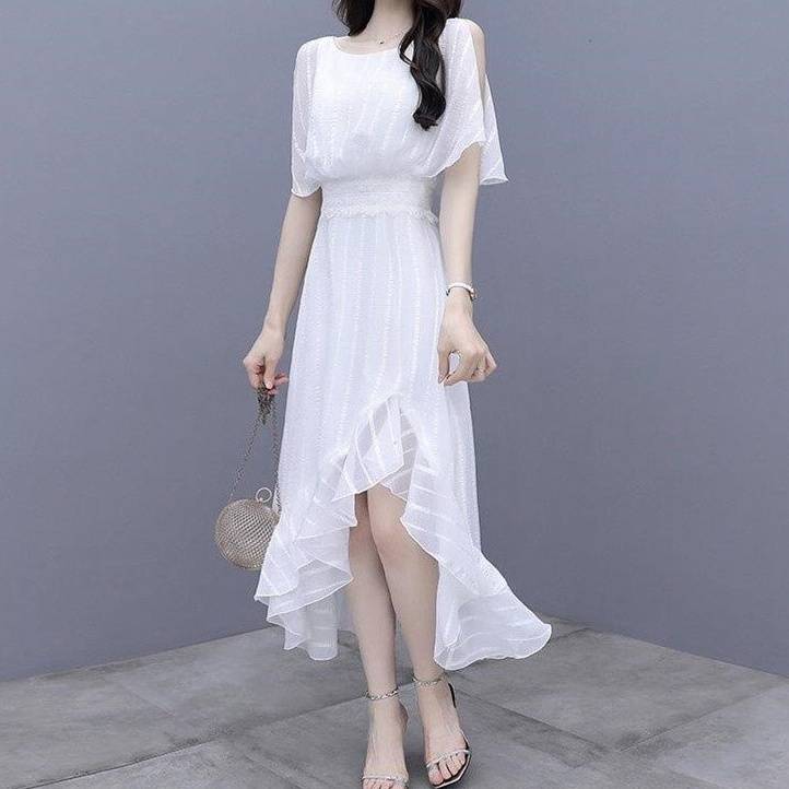 ワンピース ドレス レディース シフォン 半袖 肩出し フレア フリル ロング ひざ下 膝下 ミモレ スリット ウエストマーク 無地 シンプル セクシー お呼ばれ パーティ エレガント フェミニン S