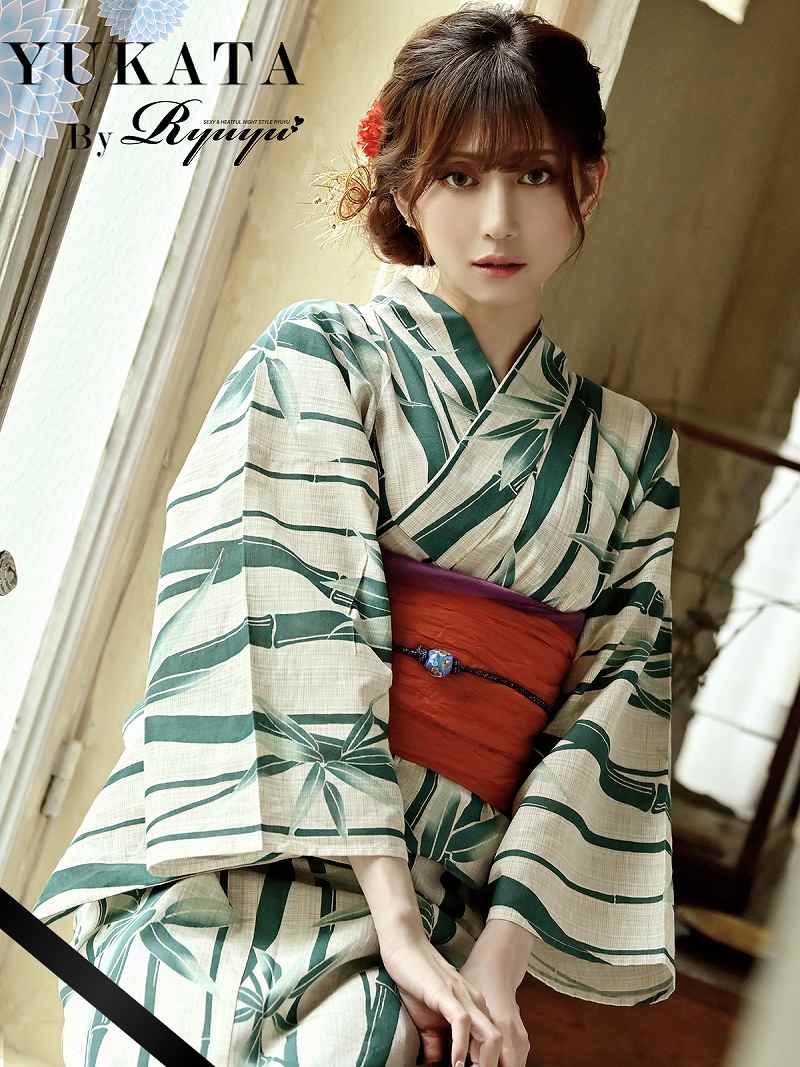 浴衣 竹 グリーン 綿麻 高級 レディース 単品 キャバクラ 笹の葉 大人 Ryuyu