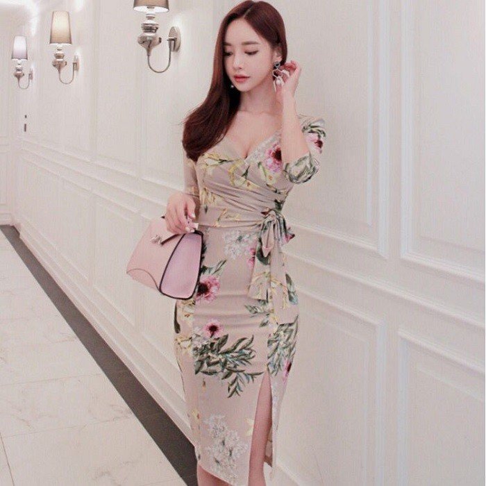 ドレスワンピ タイト ドレス 花柄 ワンピース リボン 着痩せ効果 レディース カシュクール風 セク