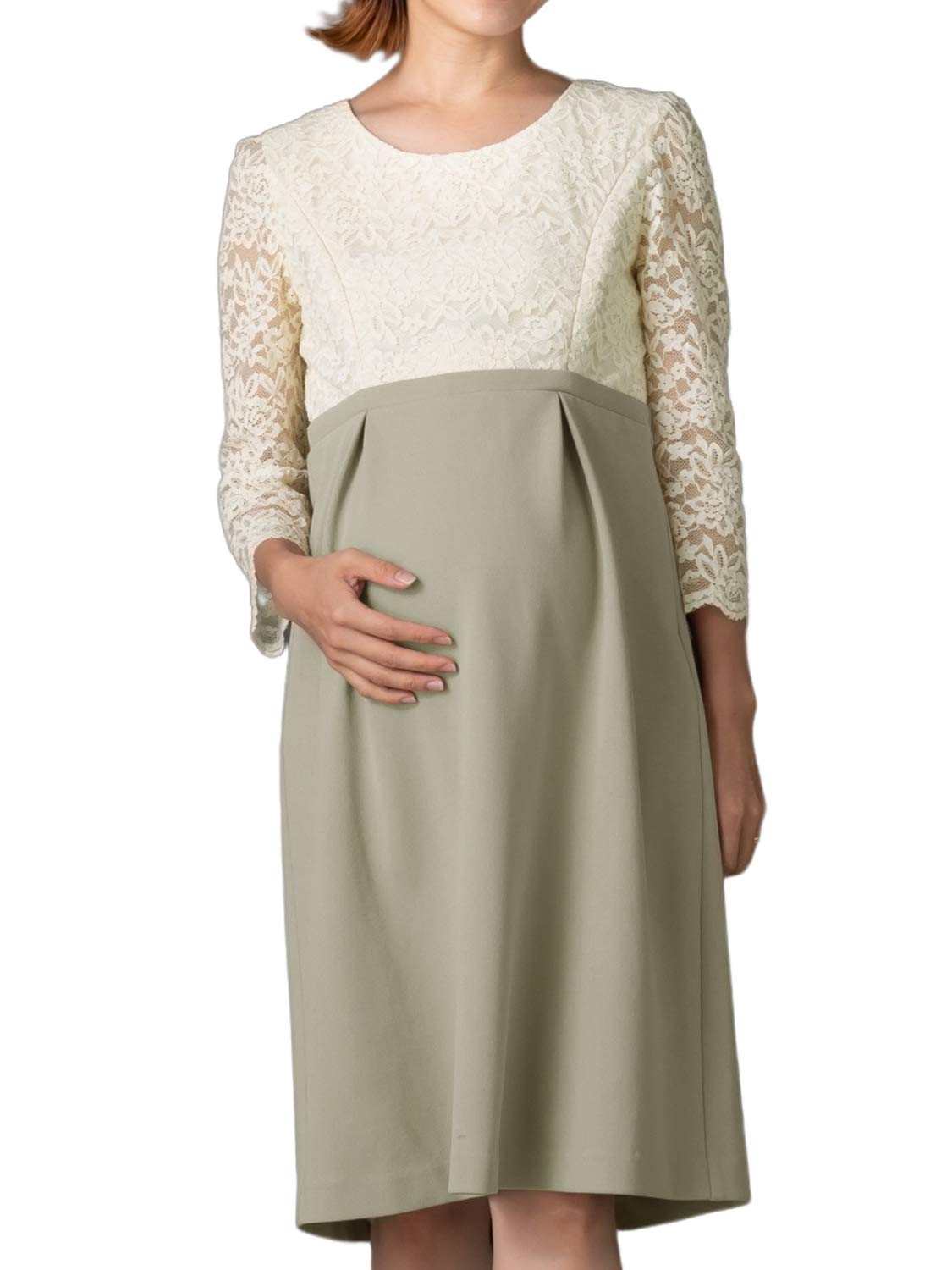 [スウィートマミー] Sweet Mommy マタニティワンピース 授乳服 コードレーススカラップ 【C】 お宮参り 結婚式 ドレス 七分袖L アイボリーグレージュ