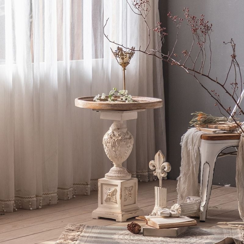 サイドテーブル ラウンドテーブル コーヒーテーブル ティーテーブル シャビーシック アンティーク調 おしゃれ 無垢材 エレガント 海外インテリア