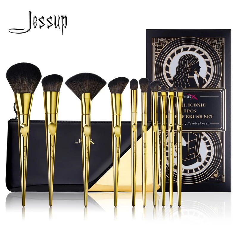 Jessup-メイクブラシ,パウダー,アイシャドウ,ファンデーション,ライナー,ヴィンテージ,ゴールデン,人工毛,10個セット