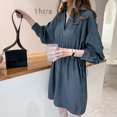 ワンピース シャツワンピース フレアワンピース ショート ショート丈 膝上 袖あり 長袖 Vネック 襟付き ウエストマーク 薄手 かわいい 大人可愛い きれいめ カジュアル 上品 おしゃれ お洒落