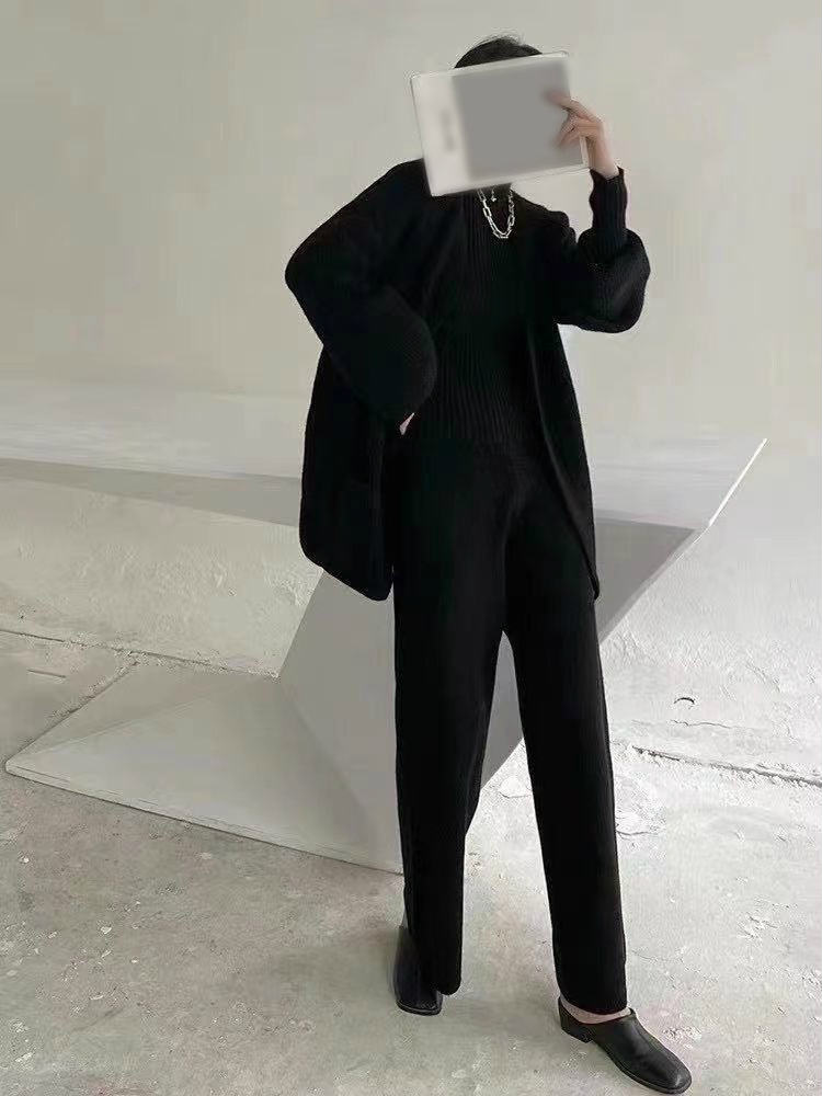 レディース 韓国ファッション 3点セット ニット セーター カーディガン ワイドレッグパンツ トップス カジュアル 大人可愛 大人女子 チック エレガント スタイリッシュ 秋冬 オフィス ブラック ブ