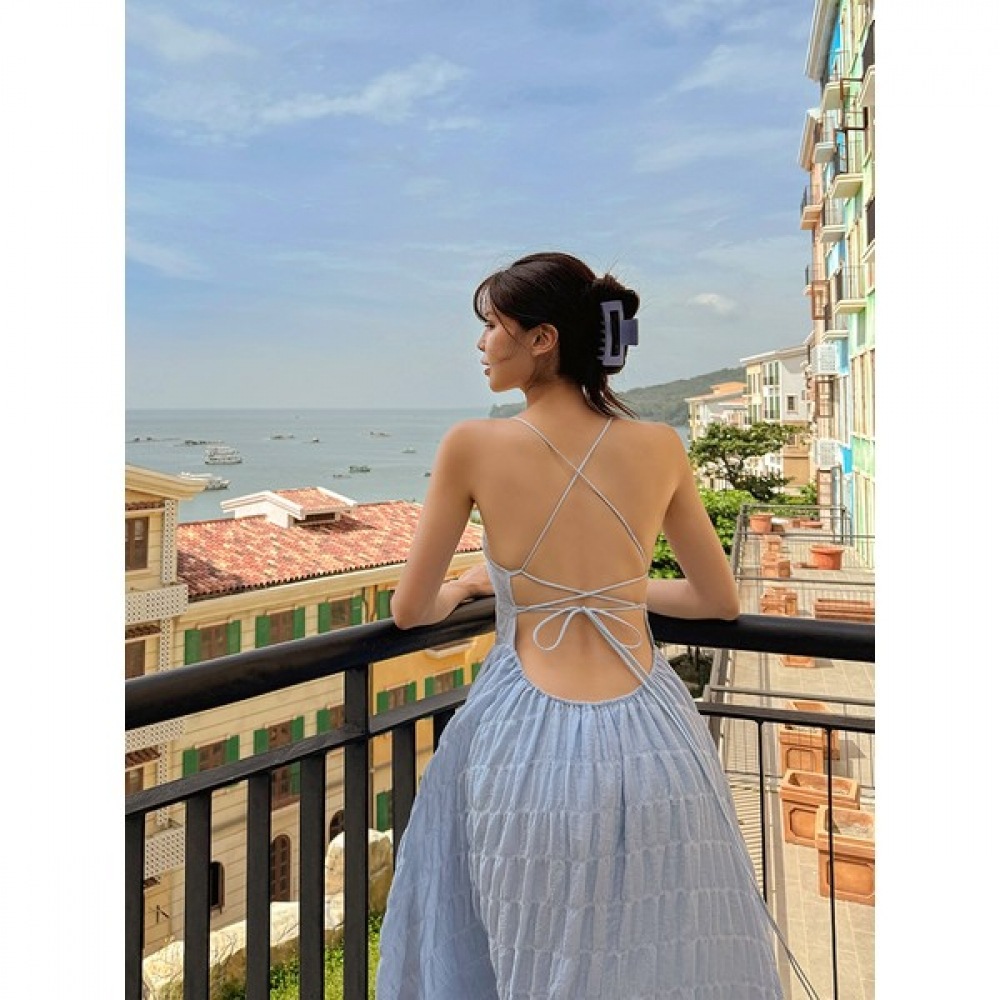 [Vivarup] カプリクロスリゾートビーチドレスOP20215Fサマーストラップオフショルダーセクシーバックレスホワイトビーチドレスバケーションルック