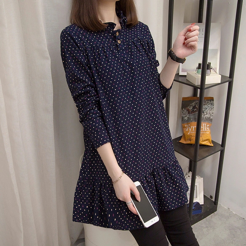 ワンピース チュニック フレアワンピース ひざ丈 膝上 袖あり 7分袖 七分袖 ラウンドネック フリル ポリエステル かわいい シンプル カジュアル おしゃれ ドット柄 水玉 春 夏 10代 20代