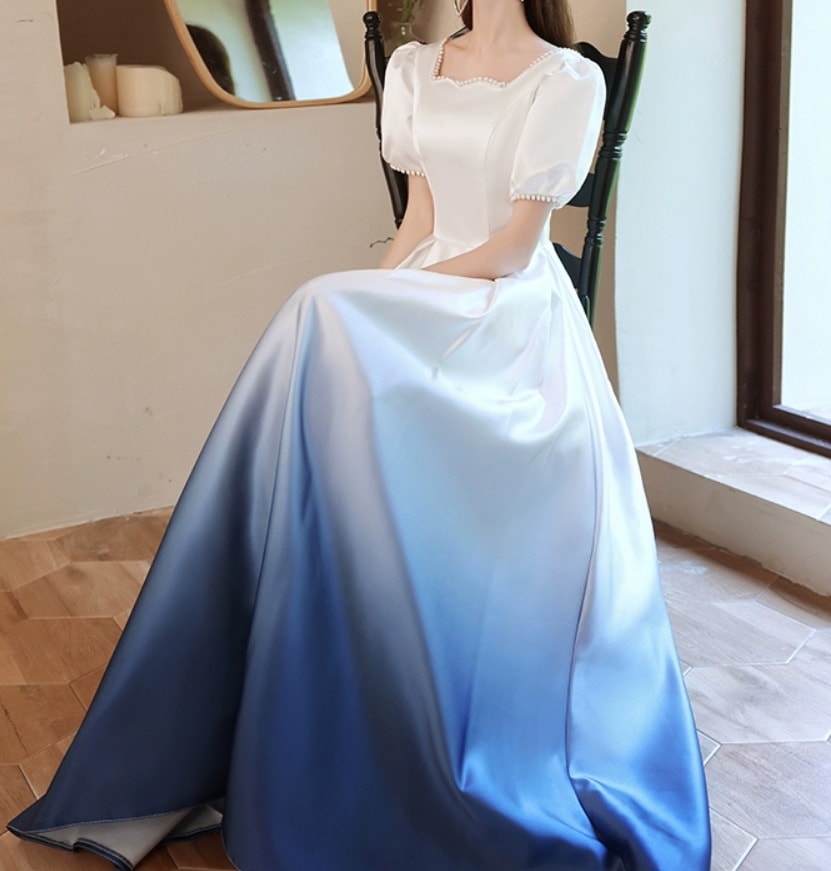 グラデーション パール ドレス パーティードレス パーティドレス ロングドレス 演奏会ドレス ステージドレス 舞台ドレス フォーマルドレス Aラインドレス ロング ロング丈 袖あり 半袖 パフスリーブ