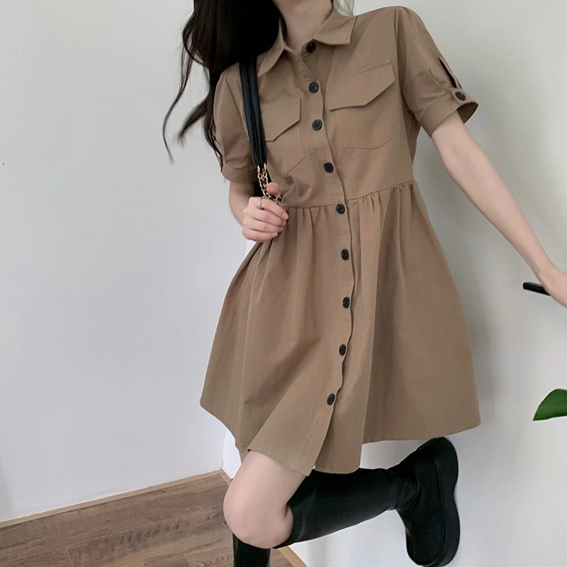 ワンピース レディース 半袖 シャツワンピ ミニ 膝上 前開き パフスリーブ 襟付き フレア ポケット ハイウエスト かわいい レトロ シンプル カジュアル お洒落 学生 無地 黒 カーキ S M L