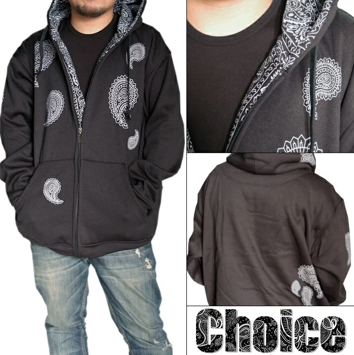 LA直輸入CHOICE PAISLEY ペイズリー バンダナ柄 メンズ パーカー ブラック ジップパーカー LA インポート ブランド ストリート ファッション HIPHOP ヒップホップ スタイ