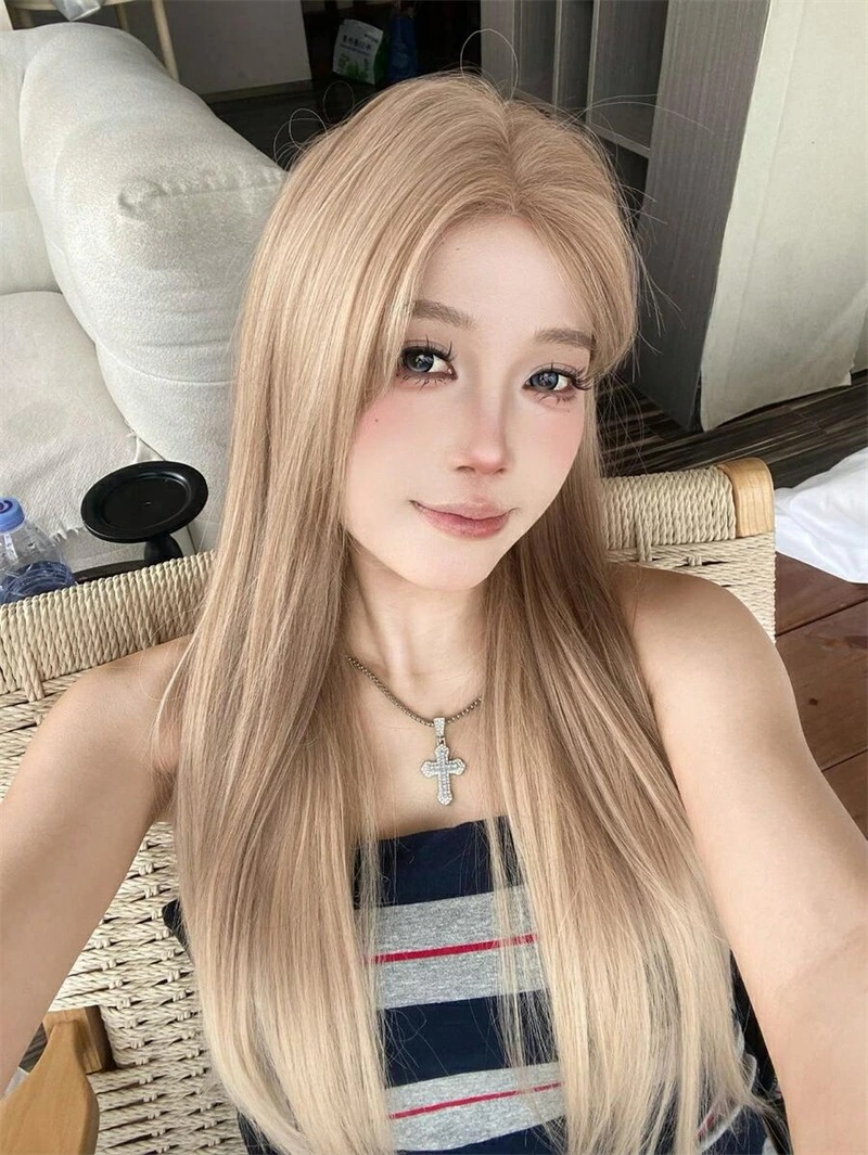 前髪レース 4*1, 前髪レースストレートウィッグ, ゴールド 30インチ ロング ストレートウィッグ, デイリー ナチュラル セミウーブン, ナチュラル デイリー使用 リアルウィッグ