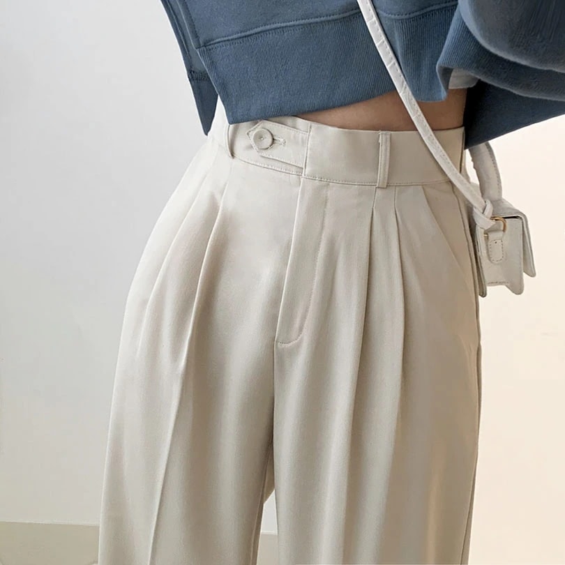 韓国の女性ファッション / ハイウエストワンボタンピンタックスラックス パンツ pt1187