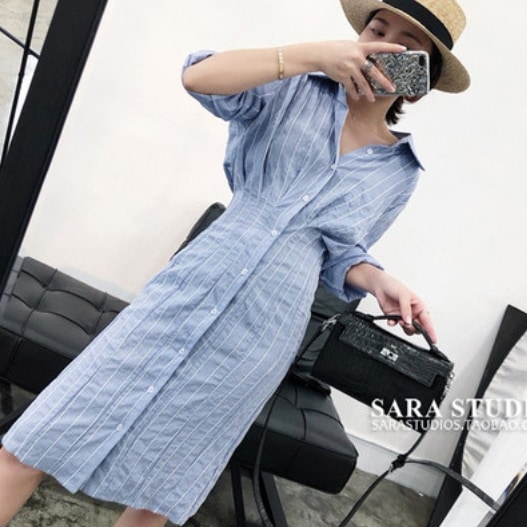 ストライプワンピース シャツワンピース ワンピース 膝丈 ひざ丈 袖あり 長袖 Vネック 襟付き