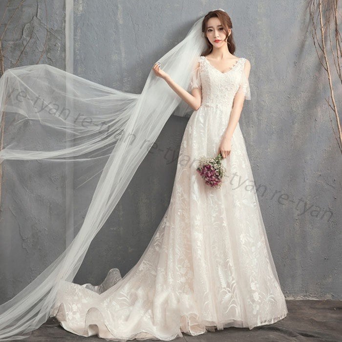 ウエディングドレス Aラインドレス 安い 花嫁 挙式 二次会 ブライダル 結婚式 レディース ロングドレス 袖あり白 レース プリンセスライン 撮影 編み上げ式 13,482円