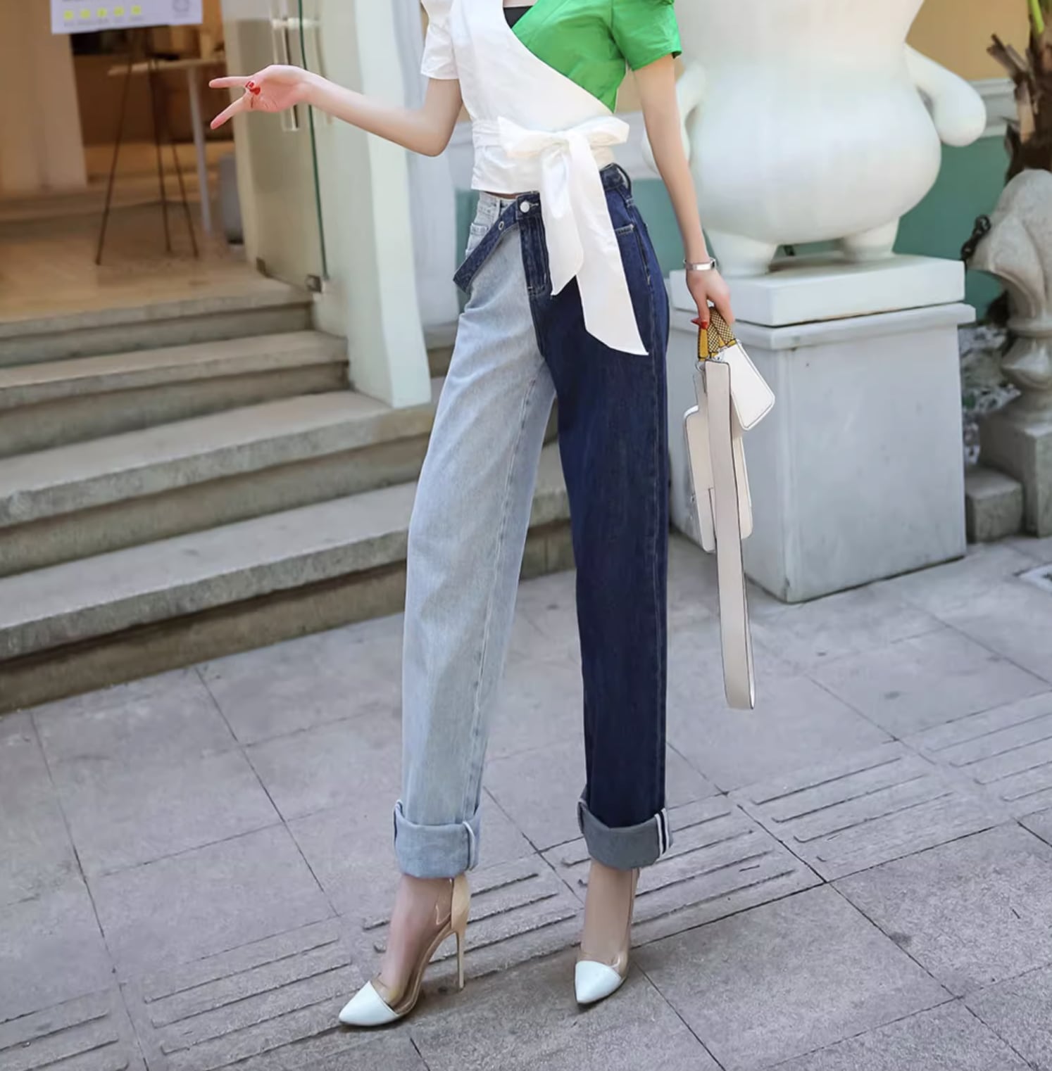 レディース パンツ ボトムス デニム ストレートパンツ ロングパンツ 膝下 マキシ 丈長 ワイド ストレート Iライン 切り替え ウエストマーク ファスナー ポケット ハイウエスト 前開き デニム