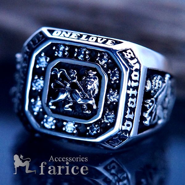 百獣の王ライオン(獅子) 立体型3ポイントデザイン クリアキュービックジルコニアラウンド装飾 メンズ シルバー925 リング