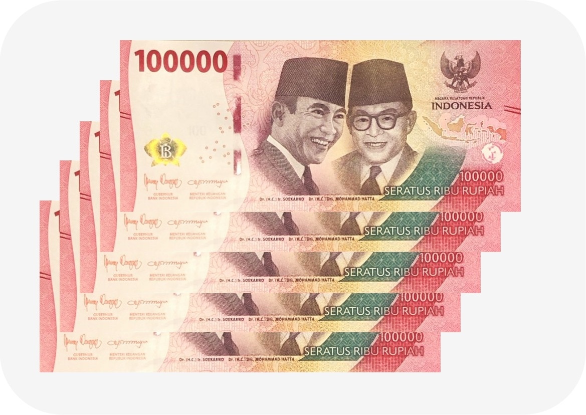 インドネシア紙幣 100,000ルピア ５枚 【証明書付】 流通紙幣 現地両替紙幣 RV 償還 12,480円