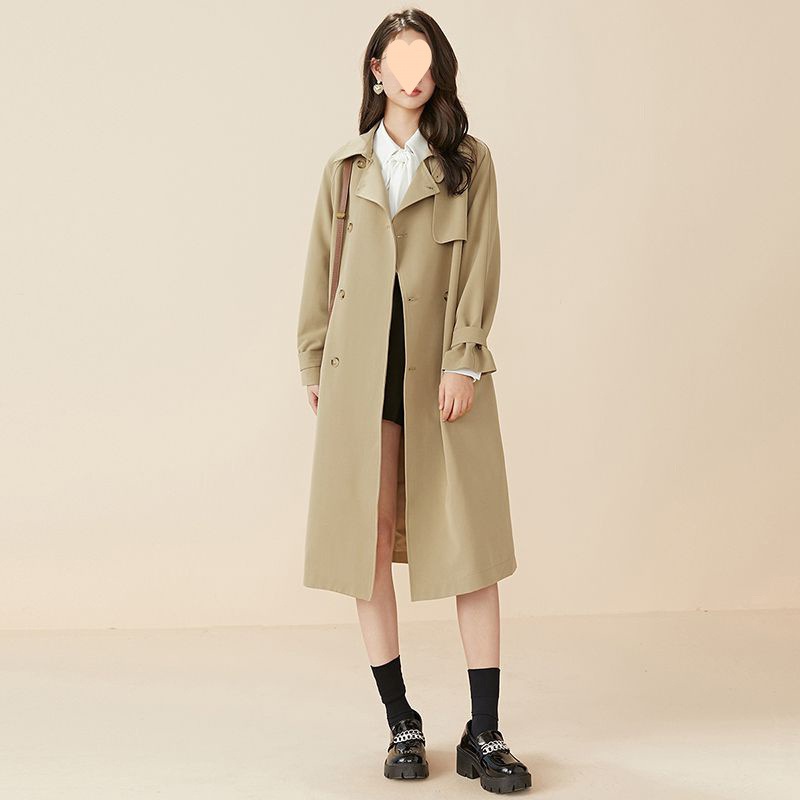 高級な英倫風衣が流行している女性春秋の中で中に長めの小柄な高級カーキ色のコートが流行している