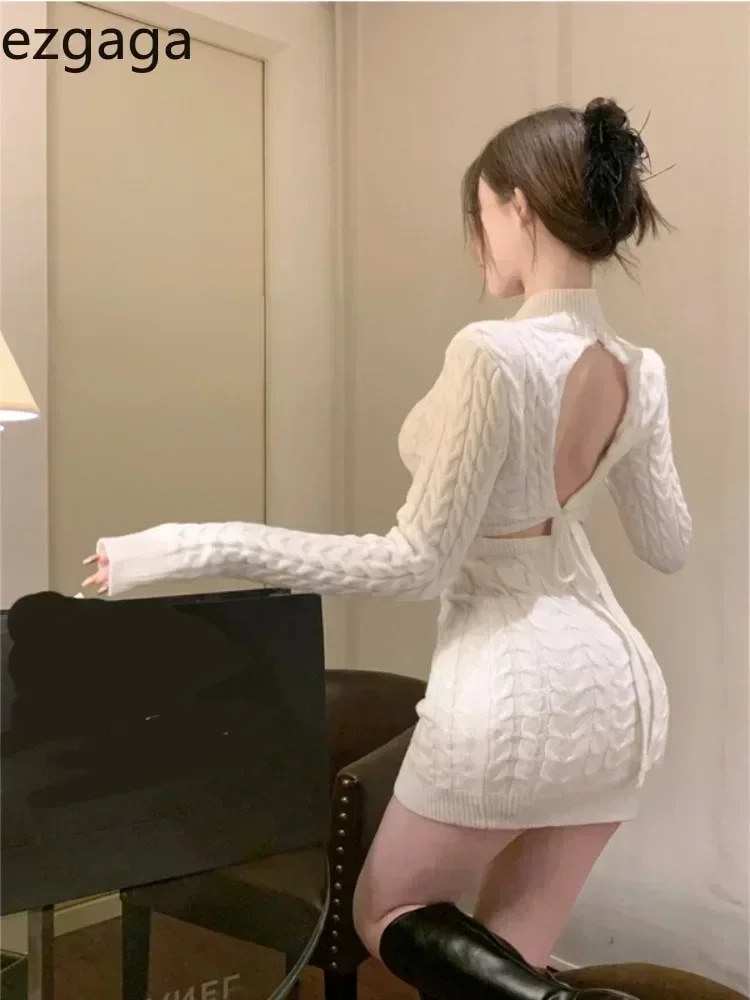 Ezgaga-女性のハーフハイカラーニットドレス包帯背中の開いたスリムストレッチベーシック肌セクシーエレガントファッション - AliExpress 200000345