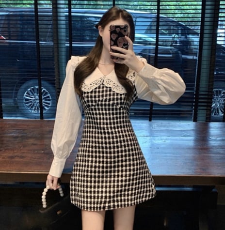 切替えデザインワンピース ワンピース 袖あり 長袖 シック 柄 切替えデザイン きれいめ シンプル 大人 上品 おしゃれ かっこいい 大人可愛い 大人女子 こなれ感 キュート 爽やか ナチュラル 柄