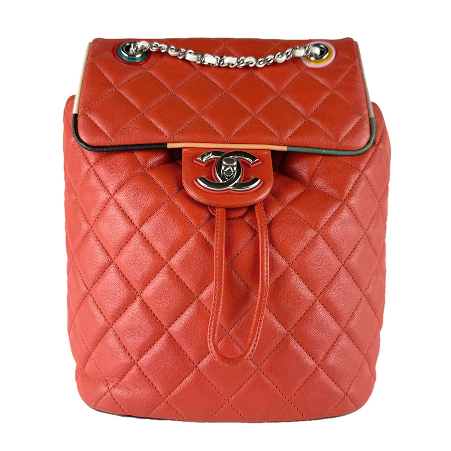 シャネル CHANEL リュック ラムスキン オレンジ/ネイビー/ホワイト/ブラック シルバー レディース z9277