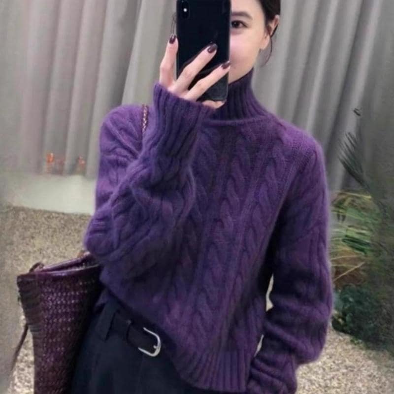 春 コーデ レディース ファッション 婦人服 パープル 厚手 防寒 タートルネック セーター ニット トップス ハイウエスト ツイスト シンプル きれいめ ナチュラル 上品 カジュアル オシャレ カワ