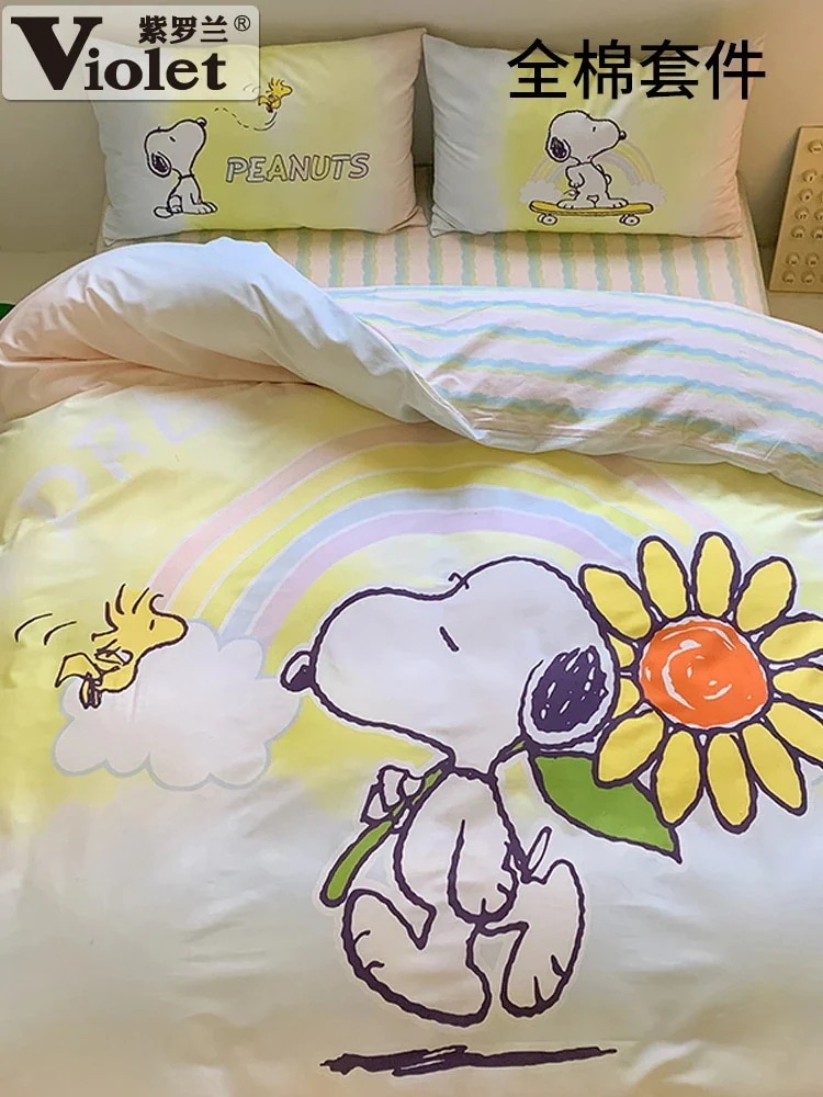 バイオレットコットン ラージバージョン スヌーピー デジタルプリント 4点セット 純綿ベッドシーツ 掛け布団カバー 寝具3点セット
