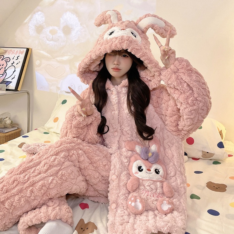 珊瑚絨毯三層綿入りパジャマ女性秋冬加絨毯厚手連帽スリーパーかわいい甘いバスローブ部屋着